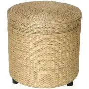 Round RushGrass Storage Footstool Thick Lidded Basket Home Solid Table Furniture