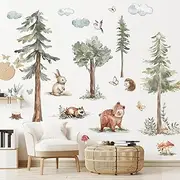 Woodland Forest Animals Wall Decals, Watercolour Tree Nursery Stickers, 160 x 130 cm, Removable with Adhesive Backing