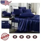 6-Piece Luxury Navy Blue Satin Sheet Set - California King Size with Deep Pocket