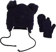 [HORIALENCE] Boys and Girls Knit Hat Gloves Set Children's Woolen Hat and Gloves Toddler Warm Beanie Mittens Boys Girls Sun Visor Dark Blue