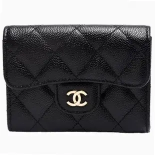 【CHANEL 香奈兒】經典雙C LOGO菱格粒紋牛皮亮金釦卡夾/零錢包(黑色AP0220C-BLK-GP)