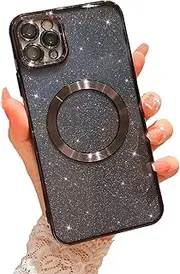MGQILING Compatible with iPhone 11 Pro Max Magnetic Glitter Case, Luxury Plating Cute Bling Clear Phone Case, Compatible with MagSafe for Women Girls with Camera Protector Back Cover - Black
