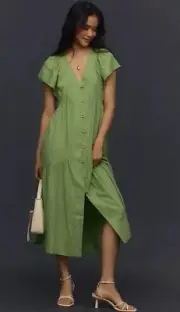 Anthropologie Midi Dress Green Reneé Flutter Sleeve Linen Button Front Sz M NWT