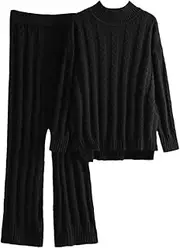 [Generic] Women's Wide Leg Pant Sets Solid Mock Neck Pullovers Fashion Knitted Trousers 2 Pieces Outfit Lounge Set Tracksuits