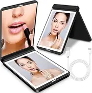 [2023 Newest] Rechargeable Travel Mirror with Light, 1X/3X LED Magnification Mirror, Compact Mirror with Touch Switch, 2-Sided, 300° Folding, Handheld, Small Pocket Mirror(Black)