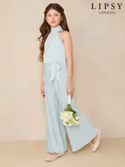 Lipsy Blue Halter Embellished Occasion Jumpsuit (5-16yrs) (AK1400) | $106 - $125