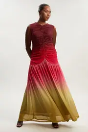 Plus Size Ombre Rouched Jersey Sleeveless Mesh Maxi Dress