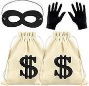2Pcs Money Bags,17x25cm Drawstring Canvas Bag,1 Pair Thief Gloves &1Pcs Black Bandit Eye Mask,Creative Cash Coins Pouches,for Fancy Dress Halloween Party Favors Pirate Cowboy Cosplay Theme Party Swag