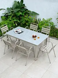在飛比找樂天市場購物網優惠-戶外巖板桌椅組合花園庭院簡約現代防水別墅歐式輕奢鋁合金餐桌椅