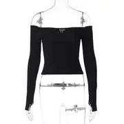 Long-Sleeve Off-Shoulder Ribbon Print Crop Top Black - L