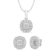 Bevilles Stud Earrings and Cushion Shaped Pendant Necklace with 0.15ct of Diamonds in Sterling
