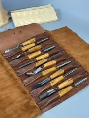 Set 12 Gouges, Straight & Bent Chisels in Case, Wood Carving, Carpentry Tools