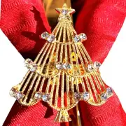 Napkin Rings, Gold Holiday Christmas Tree with Sparkling White Crystals Set of 4