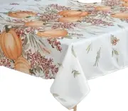 1 Printed Fabric Tablecloth, 60" x 84" Oval, PUMPKINS & LEAVES, WILD HARVEST, BM