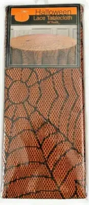Halloween Vinyl Tablecloth Spider Web Overlay Orange Round Spooky Scarey 60" Rd