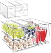 REASOR 4 Pack Clear Stackable Fridge Drawers,Pull Out Fridge Organiser,Refrigerator Organizer Bins with Dividers,Food Storage Containers for Fruit and Vegetable,Suitable for Pantry, Freezer. (4)