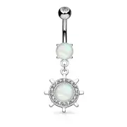 Yacht Wheel Dangling 14ga Navel Ring with Opal Glitter Gem