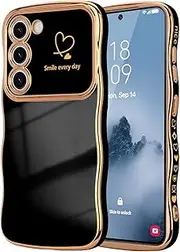 LCHULLE for Samsung Galaxy S22 Case for Women Girls, Cute Wave Frame Curly Shape with Love Heart Raised Camera Protection Cover Luxury Plating Shockproof Phone Case for Galaxy S22 5G, Black