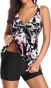 [Yonique] Women 2 Piece Flowy Tankini Swimsuits with Boyshorts V Neck Swim Tank Tops Bathing Suits Modest Swimwear