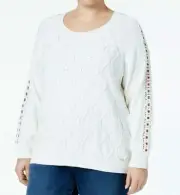 Tommy Hilfiger Plus Size Cable-Knit Grommet-T Ivory Combo 3X Pullover Sweater