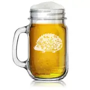 16oz Mason Jar Glass Mug w/ Handle Fancy Hedgehog