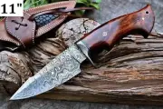 11" HANDMADE DAMASCUS STEEL BOBCAT KNIFE WITH WOOD HANDLE & LEATHER SHEATH
