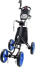 Folding Golf Push Cart, Height Adjustable Golf Trolley with Flexible Umbrella Holder, Cup Holder and Foot Brake