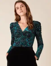 Monsoon Sadie Animal Stretch Velvet Devore Top Blouse UK Medium Teal RRP £55