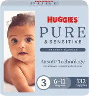 Huggies Pure & Sensitive Nappies, Size 3/6-11 Kg (Pack of 136)
