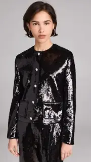 Theory Pocket Crop Jacket Size 2 Black Fluid Sequins Blazer Coat $425