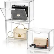 AVLA 3 Pack Plastic Handbag Storage Organizer for Closet, Clear Acrylic Display Case with Magnetic Door, Luxury Stackable Purse Clutch Organization, Assemble Collectibles Boxes for Wallet, Book, Toys