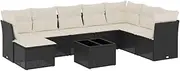 vidaxl Black 9-Piece Modular Outdoor Garden Sofa Set/Patio Furniture with Cushions - PE Rattan & Tempered Glass Table