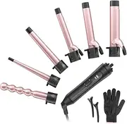 6-IN-1 Curling Iron, Professional Curling Wand Set, Instant Heat Up Hair Curler with 6 Interchangeable Ceramic Barrels (0.35'' to 1.25'') and 2 Temperature Adjustments, Heat Protective Glove & 2 Clips