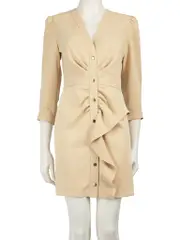 Beige V-Neck Ruched Button Up Dress