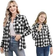 [SANGTREE] Girls' Women's Long Sleeve Flannel Plaid Shirt Button Down Cotton Shirts, 3 Months - US 2XL, Black White Plaid, 2-3T