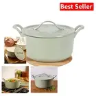 Durable Matte Sage 7 Qt Dutch Oven with Self-Basting Lid & Olive Wood Trivet