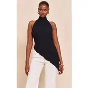 Black Textured High Neck Asymmetric Hem Detail Long Top, Black