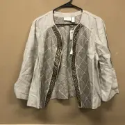 Chicos linen Embroidered open front jacket 12/14 NWT Chicos size 2 $149