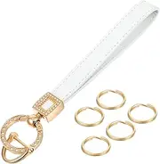 [Qianyu] Leather Wristlet Keychain Universal Car Key Chain Holder Wrist Lanyard with Anti-Lost D Ring 360 Degree Rotatable Keys Fob White Wristband with 5 Key Ring for Men Women, White
