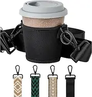 80 Oak Coffee Mug and Cup Holder Set. Cup Holder and Thermal Mug for Hanging. Neoprene Drink Holder with Adjustable Shoulder Strap (Black, Black)