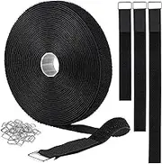 32ftx1in Hook and Loop Straps with 50 Metal Buckles Cable Straps Adjustable Free Cut Length Reusable Fastening Hook and Loop Straps Cord Ties for Cable Tidy, Wire Management, Cord Organiser Black