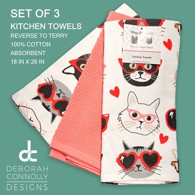 3-PK New DEBORAH CONNOLLY Wag & Whiskers Terry Kitchen Towels Cats Hearts Pink