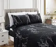 Elegant Comfort Eloise Marble Printed 6-Piece Sheet Set, 1500 Premium Hotel Quality Microfiber, Soft, Wrinkle and Fade Resistant, Fitted Sheets with Smart Pockets, Marble Sheet Set, Queen, Black
