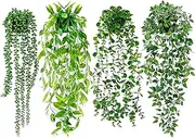 Artificial Hanging Plants for Shelf, 4 Pack Fake Potted Greenery Faux Eucalyptus Vine, Mandala Vine, String of Pearls,Pea pod Leaves in Pot for Office Living Room Bathroom Indoor Outdoor Décor