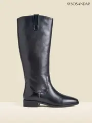 Sosandar Black Square Toe Flat Leather Boots (AH9294) | $344
