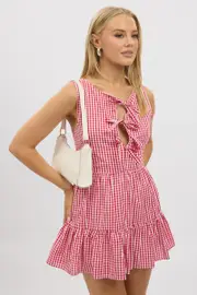Red Check Mini Dress Ribbon Detail - Size 16XL, Women's Skater Dress