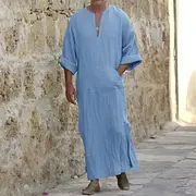 Men's Shirt Thobe Djellaba Summer Shirt Tunic Shirts Qamis Black / Gray White Dusty Blue Green Long Sleeve Plain V Neck Street Daily Clothing Apparel Cotton Ca