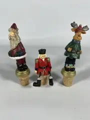 Christmas Wine Corks Stopper 3 Santa Nutcracker Reindeer Bobble Heads