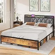 ADVWIN Queen Size Bed Frame, Storage Headboard with Led & Charging Station, Industrial Upholstered Platform Bed with Metal Mattress Base Support, No Box Spring Needed, Rustic Brown & Gray (Queen)