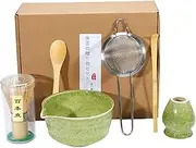 6pcs Matcha Kit Set,Matcha Set Includes Bowl with Spout and Bamboo Matcha Whisk, Bamboo,Matcha Scoop, Spoon and Stainless Sifter, Japanese Tea Making Tools, Bottle Green Matcha Kit (Bottle Green)